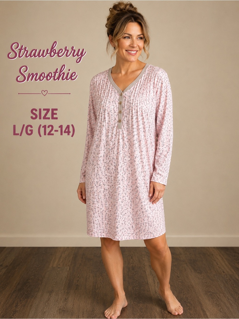 Pink Floral Cotton Blend Nightgown Long Sleeve L 12-14
